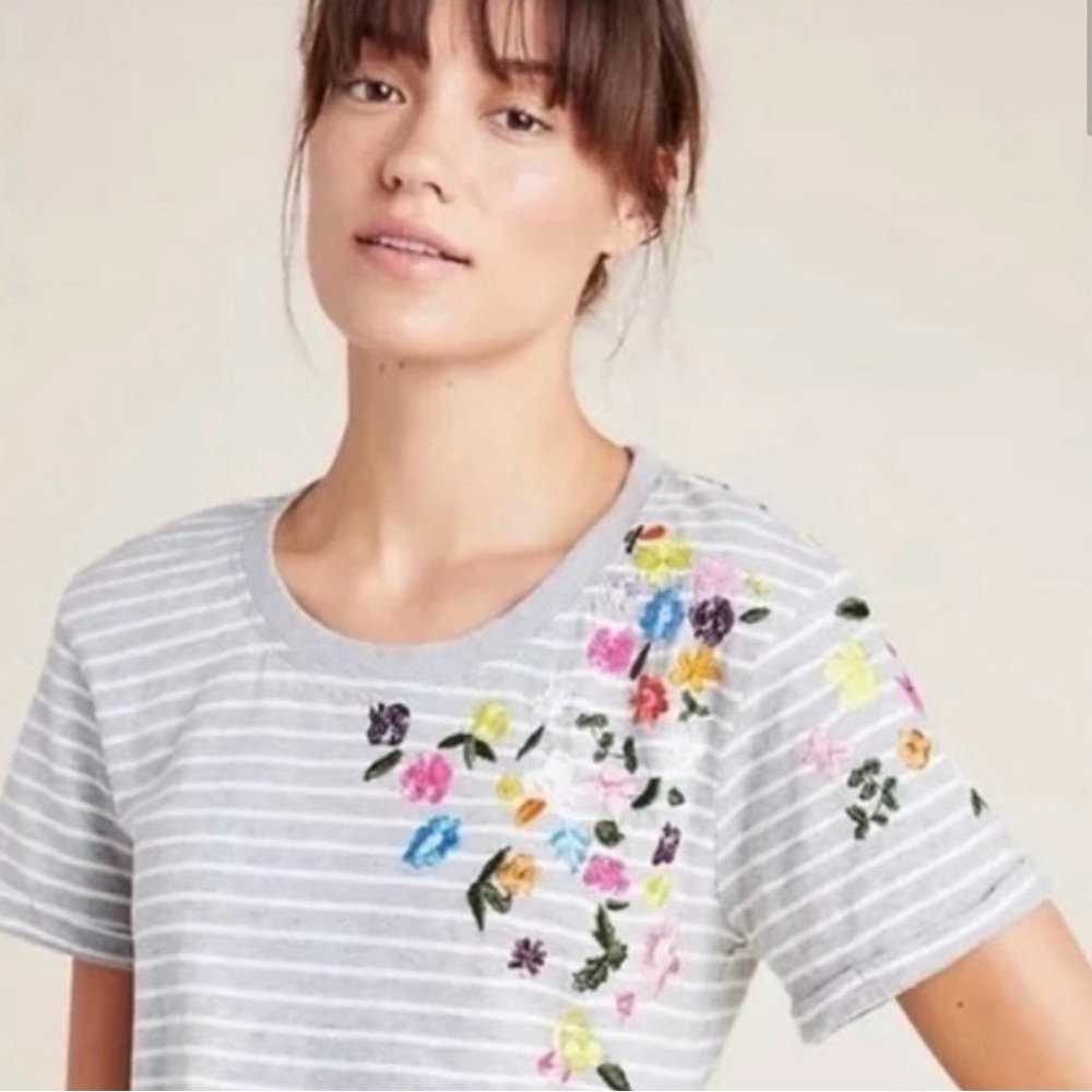 Anthropologie Striped Gray Floral Embroidered Short Sleeve Cotton T-shirt XS